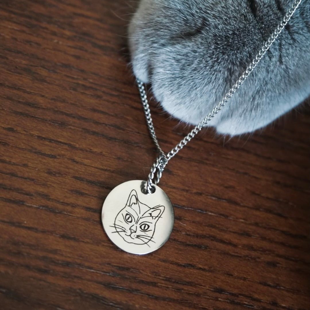 Silver Cat Portrait Pendant Necklace | Custom Artwork - Huckleberry Cats